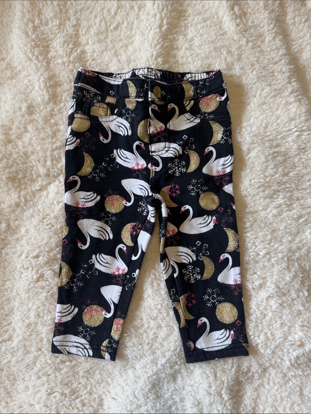 Wonderkids Black Leggings with White Swan & Gold Accents